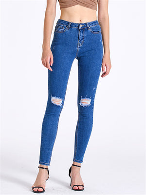 Women's Simple Style Ripped Stretchy Fit Denim Jeans for Summer Autumn