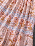 Women's Hawaiian Floral Printed V Neck 3/4 Sleeve Flowy Boho Dress