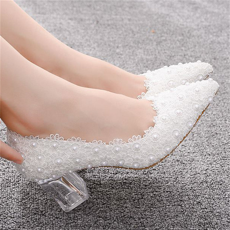 Gentle Female Lace Floral White Pearl Chunky High Heels Pumps