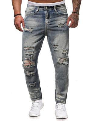 Men's Youth Street Ripped Slim Fit Mid Waist Jeans