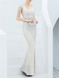 V-Neck Short Sleeve Graceful Slim Sequins Solid Color Long Evening Dresses
