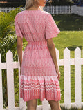Fashion Contrasting Printed V Neck Lace Up Short Sleeve Dresses