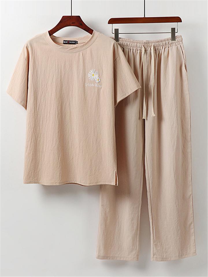 Loose Fit Linen 2-Piece Daisy Embroidered T-Shirt + Drawstring Full-Length Pants