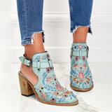 Women's Retro Floral Embroidery Buckle Chunky Heels Pumps