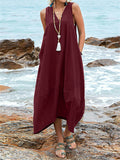 Women's Deep V Neck Pocket Backless Lace Up Loose Beach Dress