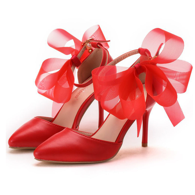 Sexy Fire Red&White Butterfly Floral Pointed Toe Party High Heel Pumps