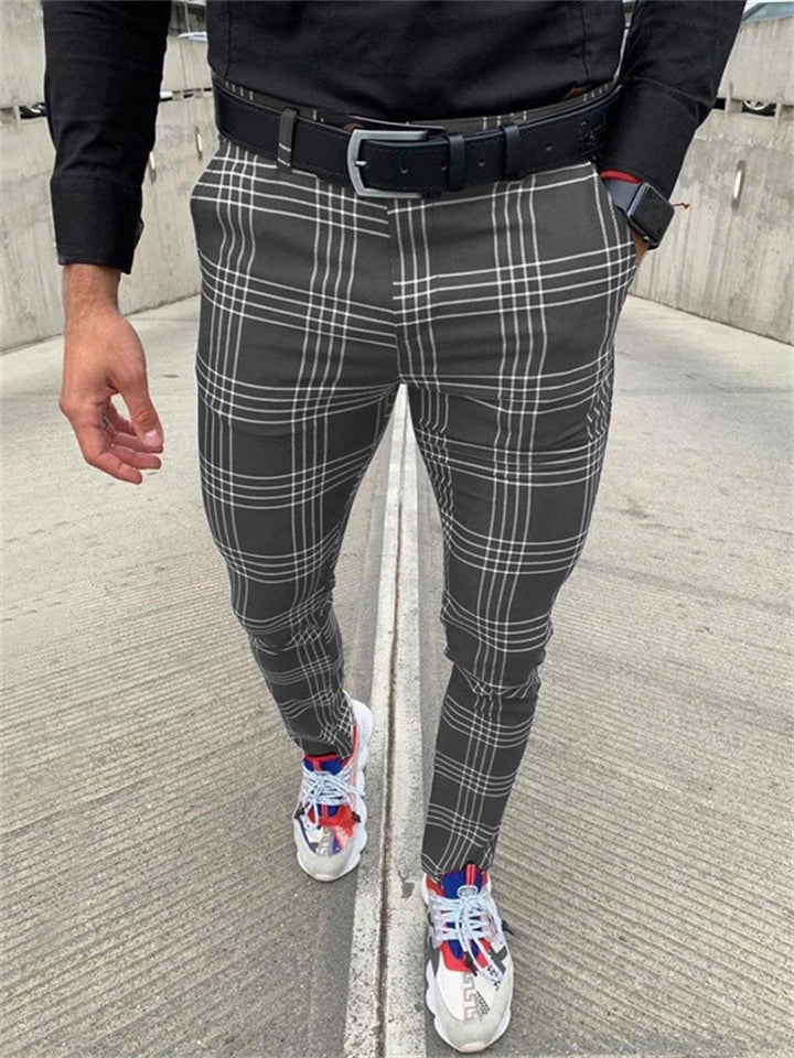 Men's Classic Plaid Skinny Pencil Pants with Pocket