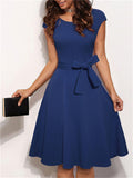 New Solid Color Round Collar Back Zipper Knee-Length Dresses