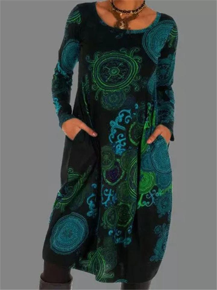 Retro Bohemian Print Loose Pullover Long Sleeve Pocket Dress