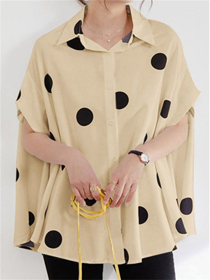 Retro Polka Dot Batwing Short Sleeve Single Breasted Ladies Blouses