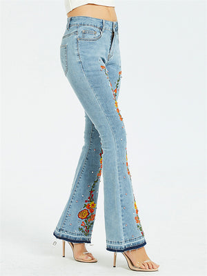 Women's Vintage Style Floral Embroidery Bell Bottom Blue Jeans