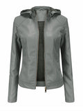 Women's Cool Hooded PU Leather Jacket with Warm Lining