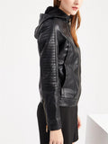 Women's Cool Hooded PU Leather Jacket with Warm Lining