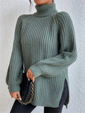 Womens Trendy Turtleneck Side Split Hem Oversized Long Sleeve Knitted Sweaters