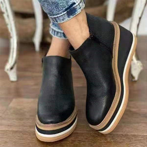 Simple Side Zipper Casual Fashion Wedge Heel Grain Leather Ankle Boots