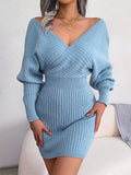 Women's Sexy Crossover V Neck Batwing Sleeve Wrap Hip Dress