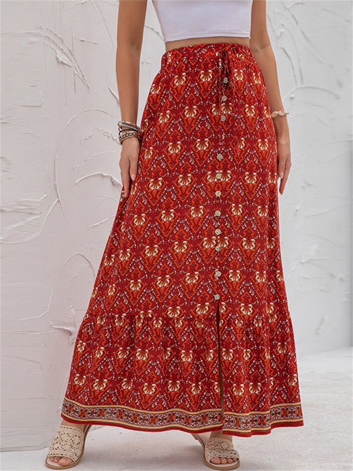 High Waist Casual Printed Split Long Skirts