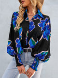 Fashion Floral Print Lapel Button Puff Sleeve Colorful Blouses for Office Ladies