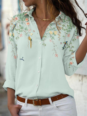 Spring Casual Floral Print Lapel Long Sleeve Button Down Shirts for Women