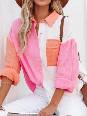Women Lapel Buttons Long Sleeve Blouses With Pocket