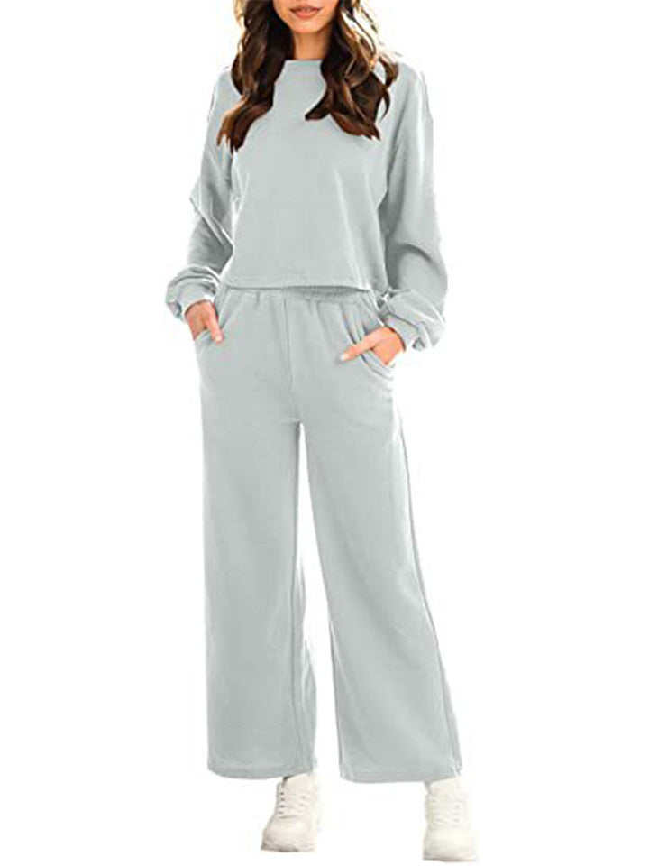 Female Leisure Cozy Pullover Long Sleeve Tops + Pocket Sweatpants