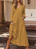 Retro Cotton Linen Long Sleeve Empire Waist Maxi Dress