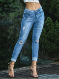 Women's Sweet Style White Pearl Slim Fit Ripped Blue Jeans