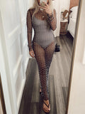 Sexy Sheer Mesh Pearl Rhinestone Cover Up Bikini Dress for Women