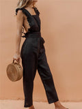 Women Sleeveless Ruffled Wide Leg Overalls Bow Backless Jumpsuit With Sashes