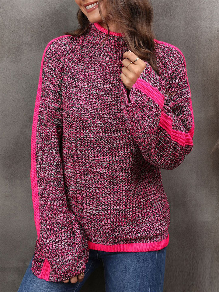 Cute Bell-Sleeve High Neck Pullover Contrast Color Comfy Lady Sweaters