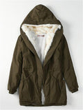 Warm Thicken Fur Interior Waist Drawstring Pocket Hooded Coat