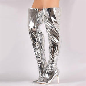 Fashion Pointed Toe Over Knee Side Zipper Thigh-High Boots With Stiletto Heels