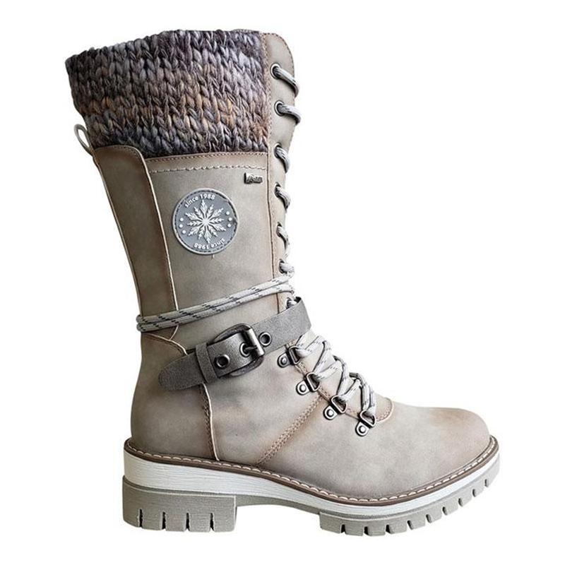 Retro Style Chunky Low Heel Lace Up Knitted Mid-Calf Boots