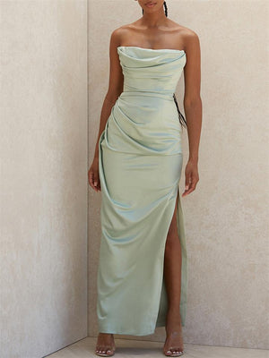 Mint Green Satin Strapless Ruched Evening Dresses
