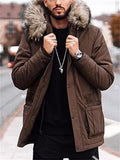 Mens Comfy Cotton Coat With Faux Fur-Trimmed Hood