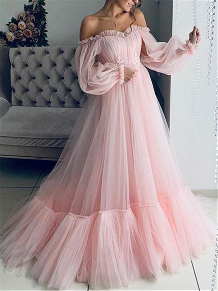 Flowing Off Shoulder Long Balloon Shoulder Tulle Dress for Wedding