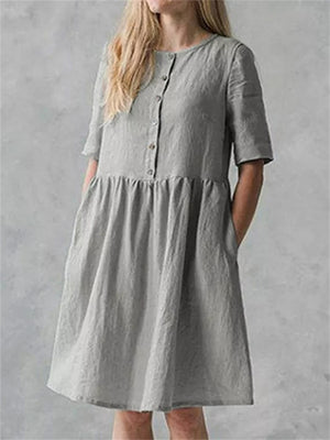 Gentle Women's Classic Crew Neck Half Sleeve Cotton Linen Dress