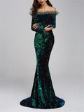 Gorgeous Sequined Off Shoulder Sweep Train Dress for Evening Party