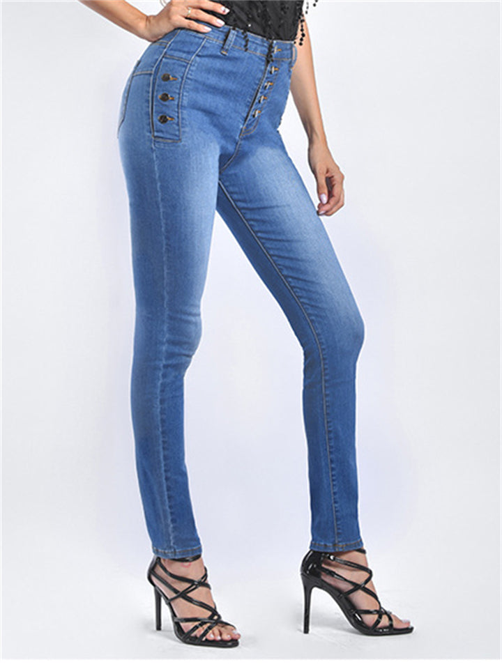Women's Fashion Slim Fit Buttons Washed Effect Daily Denim Jeans