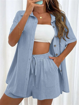 Casual Plain Single Breasted Shirt Shorts Suit for Ladies