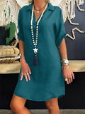 Retro Solid Color V-Neck Short-Sleeved Cotton Dress