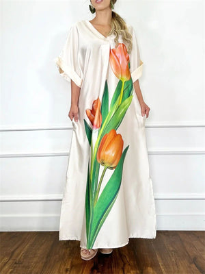 Ladies Pullover Short Sleeve Flower Print Maxi Dresses