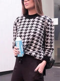Casual Style Round Neck Houndstooth Long Sleeve Pullover Sweater