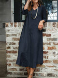 Loose Fit V Neck Long Sleeve Solid Color Pocket Maxi Dress