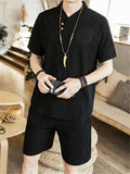 Lightweight Linen Two-Piece Outfit Wrap Neck T-Shirt + Elastic Waistband Knee-Length Pants