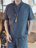 Lightweight Linen Two-Piece Outfit Wrap Neck T-Shirt + Elastic Waistband Knee-Length Pants