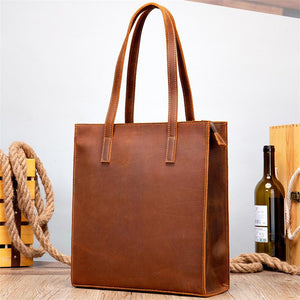 Vintage Crazy Horse Leather Solid Color Large Capacity Handbag