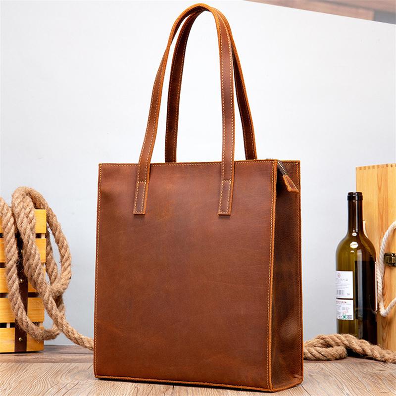 Vintage Crazy Horse Leather Solid Color Large Capacity Handbag