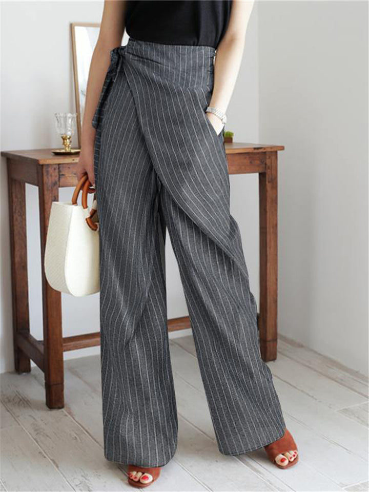 On-Trendy Side Tie Fastening Asymmetric Wrap Design Pocket Striped Pants