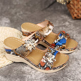 Female Vacation Floral Leopard Print Wedge Heels Slip On Sandals